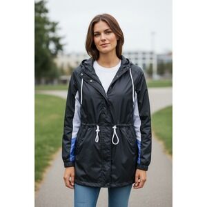 Adidas Hooded Windbreaker Jacket Womens Size Small Blue Spell Out